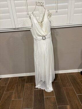 Enfocus Studio White Chiffon V-Neck Maxi Dress with Rhinestone Waist
